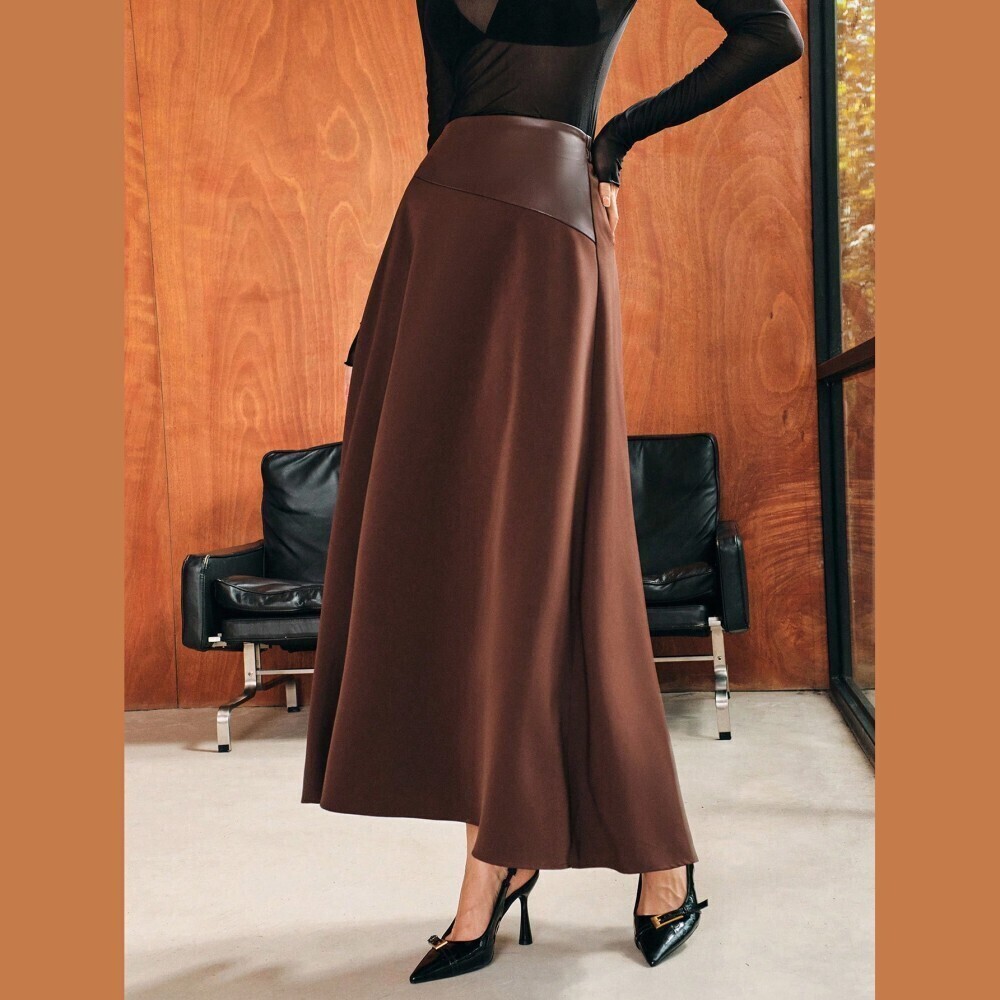 Brown Faux Leather Waist A-Line Maxi Skirt